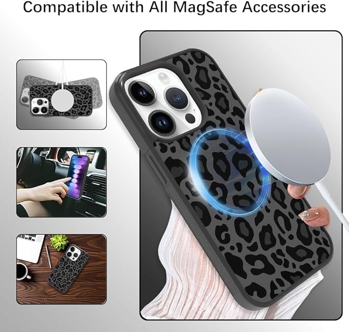 KANGHAR Case Compatible with Phone 15 Pro Max,Black Leopard Design Compatible with MagSafe,Tire Texture Non-Slip +Shockproof Rugged TPU Protective Magnetic Case for Phone 15 Pro Max 6.7 Inch