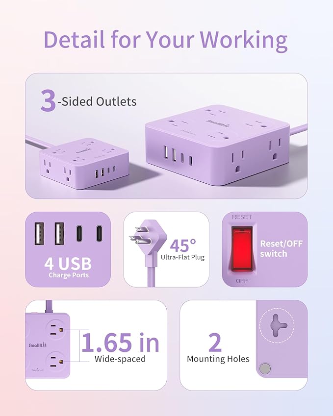 Extension Cord with Multiple Outlets, SMALLRT Flat Plug Power Strip, 6.5FT Power Strips with Surge Protection with USB Ports, 8 Outlets, Surge Protector Outlets Extender for Home Office, Purple