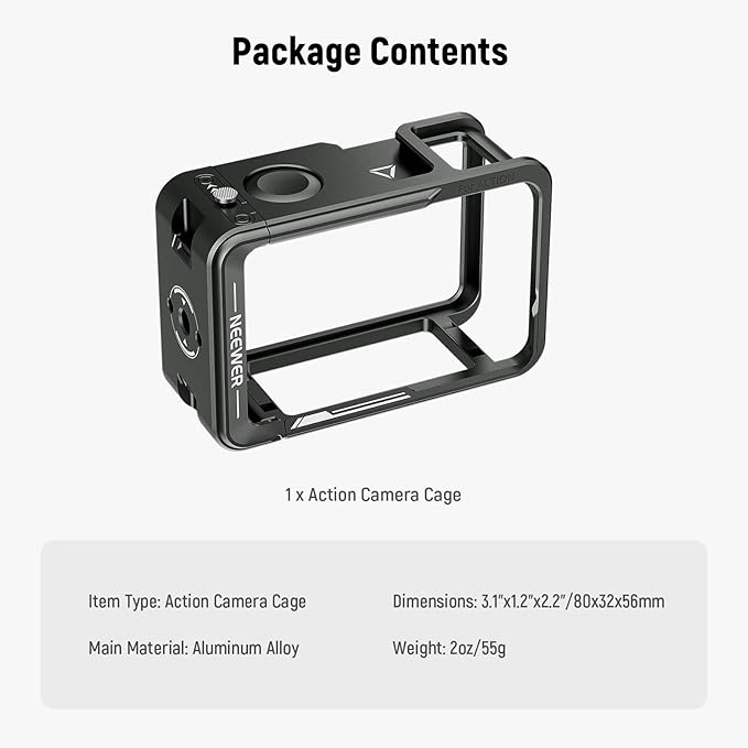 NEEWER Action Camera Cage for Osmo Action 5 Pro / 4/3, Protective Metal Video Rig with Cold Shoe, 1/4" Thread, Shutter Button Compatible with DJI Mic Magnetic Adapter Mount Accessories, AC014 Black