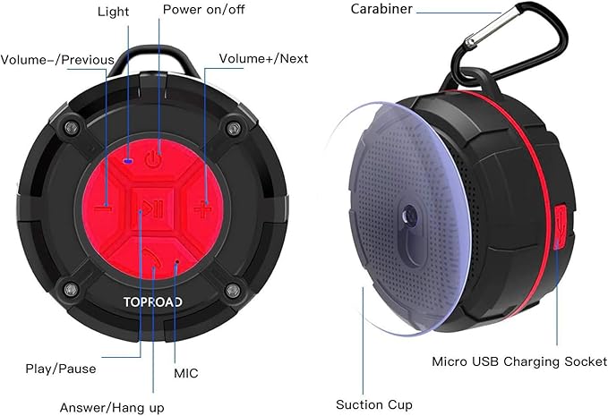 Portable Shower Speaker, IPX7 Waterproof Wireless Outdoor Speaker with HD Sound, 2 Suction Cups, Built-in Mic, Hands-Free Speakerphone for Bathroom, Pool, Beach, Hiking, Bicycle(Red)