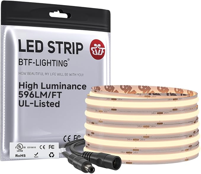 BTF-LIGHTING FCOB COB LED Strip 2700K 596+LM/FT Super Bright UL Listed DC24V 32.8FT 480LED/m 10mm Width Flexible High Density CRI 90+ Dimmable LED Light for Home Indoor Decor(No Controller or Adapter)