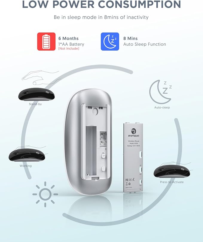 RAPIQUE Bluetooth Wireless Mouse - (BT5.1+USB) Slim Dual Mode Computer Mice with Quiet Click, Low Power, and 1600 DPI, Portable Cordless for MacBook, Laptop, iPad Pro/Air, Chromebook (White)