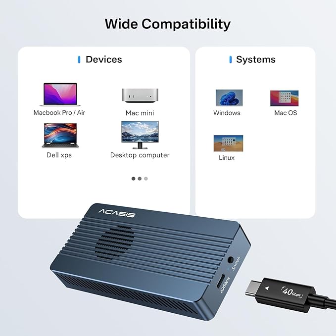 ACASIS 40Gbps M.2 NVMe SSD Enclosure, with Cooling Fan, M.2 Enclosure Compatible with Thunderbolt 4/3,USB4/USB3.2/3.1/3.0/2.0, TBU 405 Pro for M1 M2 Pro/Max Support 2280/2260/2242/2230 (TBU405 Pro)