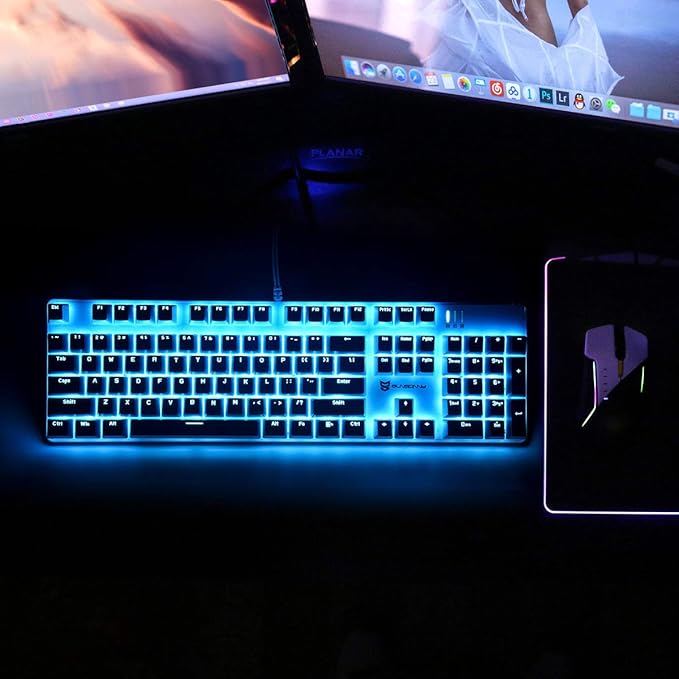 Merdia Hot Swappable 104 Keys Full Size Mechanical PC Gaming Keyboard | Blue Switch White Mechanical Wired Computer Keyboards | LED Backlit 104 Keys US Layout Light Up Wired Gaming Keyboard
