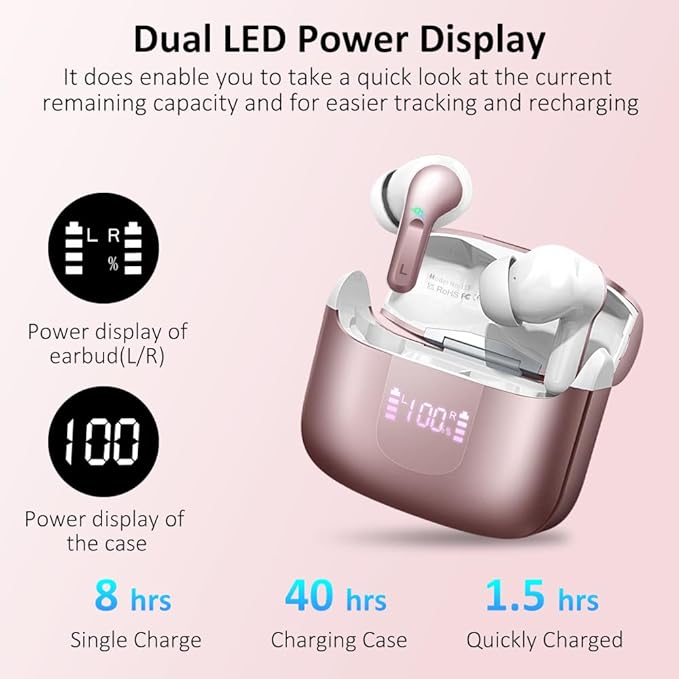 Wireless Earbud Bluetooth 5.3 Headphones, Hi-Fi Stereo Ear Buds with 4 ENC Cancelling Mics, 40H in-Ear Earphones IP7 Waterproof Sports, LED Display, Mini Headset for Laptop Pad TV Phones, Rose Gold