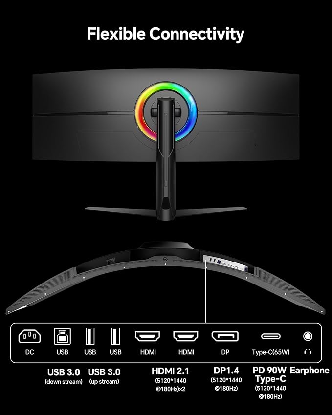KTC Ultrawide 49 In Curved Gaming Monitor, 5K2K 5120x1440 Computer Monitor DQHD, 180Hz, 32:9, HDR 400, 90W Type-C HDMI DP Port, Bulit-in KVM, Speakers, Adaptive Sync, Tilt Swivel Height Adjust, H49S66