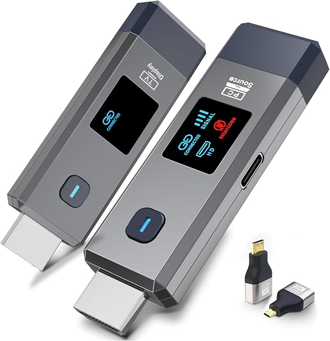 Qisoable Wireless HDMI Transmitter and Receiver 328ft/100m for 4K Decode Input 1080P Output Plug&Play Portable 2.4G/5.8G for Video and Audio to Monitor from PC/Projector/TV Box, with Display Screen