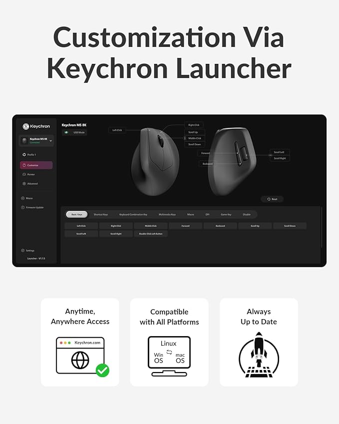 Keychron M5 8K Vertical Ergonomic Mouse Wireless, 2.4 GHz/Bluetooth 5.3/Wired Computer Mice Rechargeable, 5 Levels Up to 30K DPI with Programmable Buttons for Laptop macOS/Windows - Black