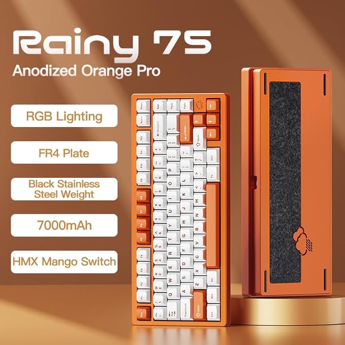 KEEBMONKEY WOBKEY Rainy 75 Aluminum HMX/JWK Switches Mechanical Keyboard with Superior Acoustics, Wired, BT, 2.4G Wireless Connectivity (Pro Orange(Stainless Steel Weight))