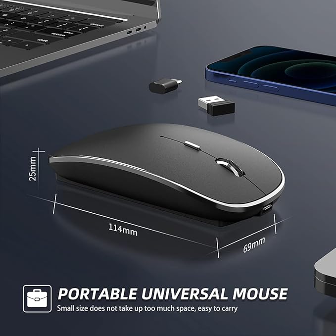 Halpilt Wireless Mouse Chargeable Portable Silent USB-A and Type-C Dual Mode Wireless Mouse 3 Adjustable DPI for Laptop, Mac, Android, PC (Q23S Black) (Black)