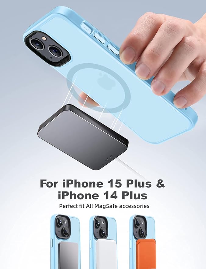 Tigowos for iPhone 15 Plus&iPhone 14 Plus Phone Case Fits MagSafe 10FT Drop Resistant Matte Skin Feeling Back Cover for iPhone 15 Plus&iPhone 14 Plus Case，Light Blue