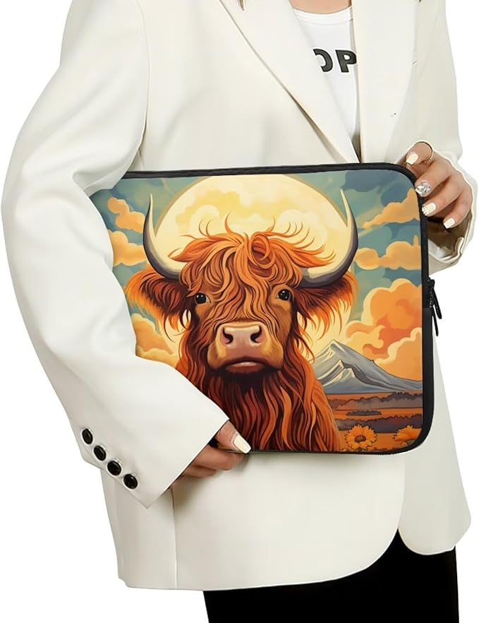 Highland Cattle Computer Sleeve for Women Men Laptop Sleeve 13 inch Neoprene Laptop Covers with Padded Compartment Lap Top Case Sunflower Computer Carrying Bag Brown
