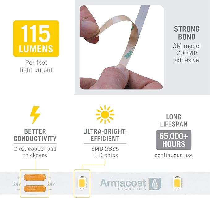 Armacost Lighting RibbonFlex Pro 24V White LED Strip Lights 30 LED/m, 3000K, 32.8 ft 144250