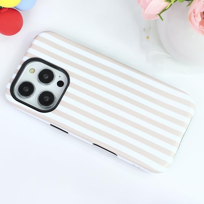 Magnetic for iPhone 14 Plus Case Cute Stripes Phone Case, Shockproof Slim TPU and Hard PC Protective Phone Cover Compatible with MagSafe Designed for Women Girls, Apricot
