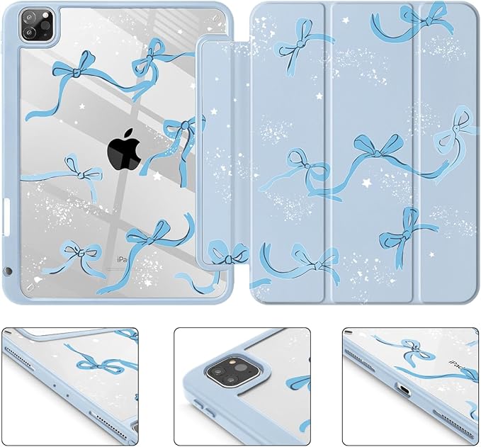 Tuiklol for iPad Pro 11 Inch 4th / 3rd / 2nd / 1st Gen (2022 2021 2020 2018) Case -Built-in Pencil Holder Shockproof Cover Clear Transparent Back Shell with Auto Wake/Sleep, Bow-Blue