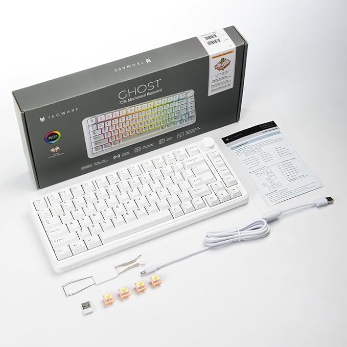 TECWARE Ghost 75% Wireless Mechanical Keyboard | RGB Gaming Keyboard with Volume Knob | Tri-Mode 2.4GHz/Bluetooth/USB-C | Gasket Mounted | Hot Swappable Pre-Lubed Linear Switches | 4000mAh | White