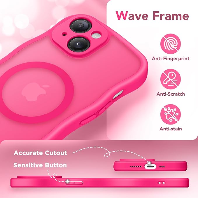 CAPRARO Cute for iPhone 15 Case, Compatible with MagSafe, [Curly Wave Edge] [Full Camera Protection] [14 FT Drop Protection] Magnetic Phone Case for 15 6.1 Inch, Hot Pink