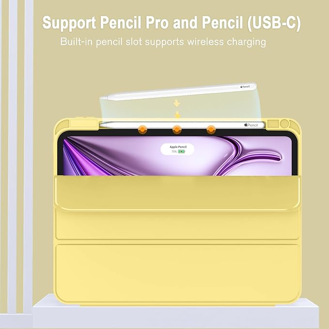 ZryXal New iPad Air 13 Inch Case M3 2025/M2 2024 with Pencil Holder, Trifold Stand Smart Case with Soft TPU Back,Auto Wake/Sleep(Yelow)