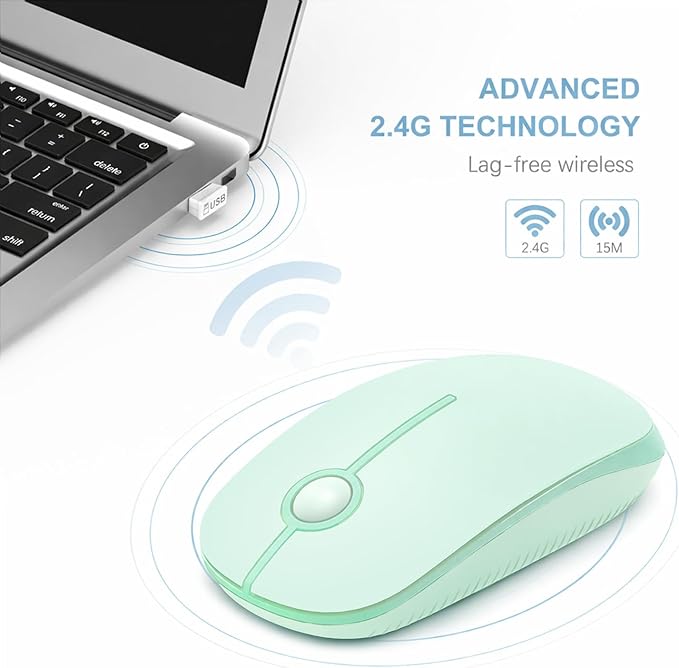 VssoPlor Wireless Mouse, 2.4G Slim Portable Computer Laptop Mouse with Nano Receiver Quiet Silent Optical Mice for Notebook, PC, Laptop, Computer-Light Green