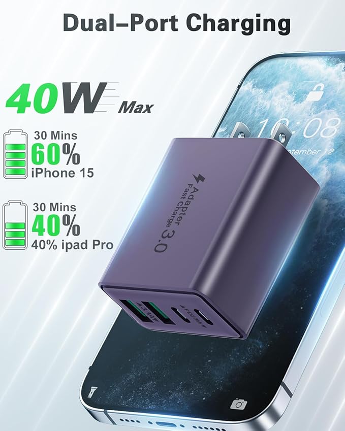 USB C Charger Block, 2-Pack 40W USB C Fast Charging Block 4-Port Dual PD+QC Power Adapter Double USBC Charger Block Multiport Type C Cube Wall Plug for iPhone 16 15 14 13 12 11 Pro Max, Samsung