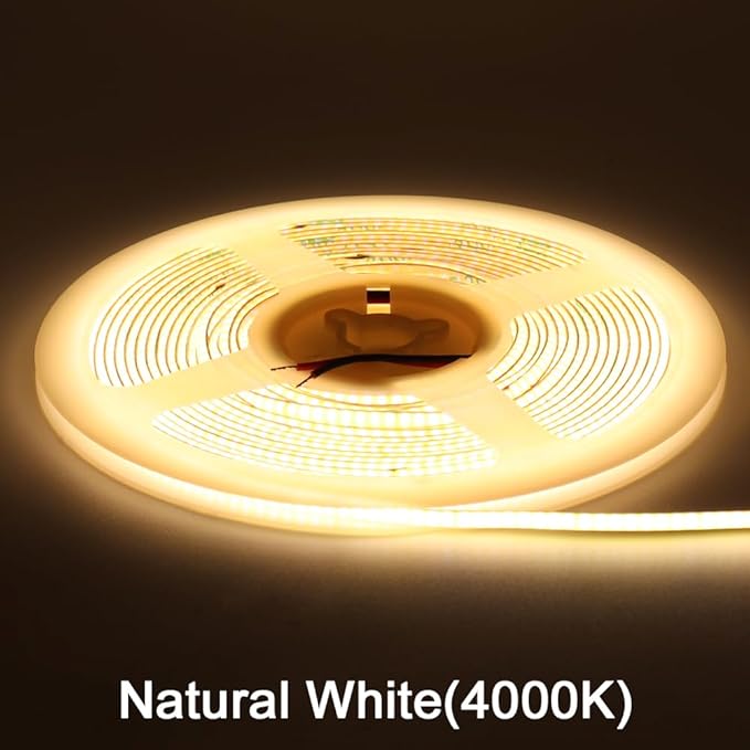 3mm COB Strip Light, DC 12V Natural White 16.4ft Flexible Cuttable Ultra-Thin LED Tape CRI>90 Uniform Dotless 400LEDs/M LED Light for for Christmas Bedroom Home Kitchen Cabinet Decor (NO Power Supply)