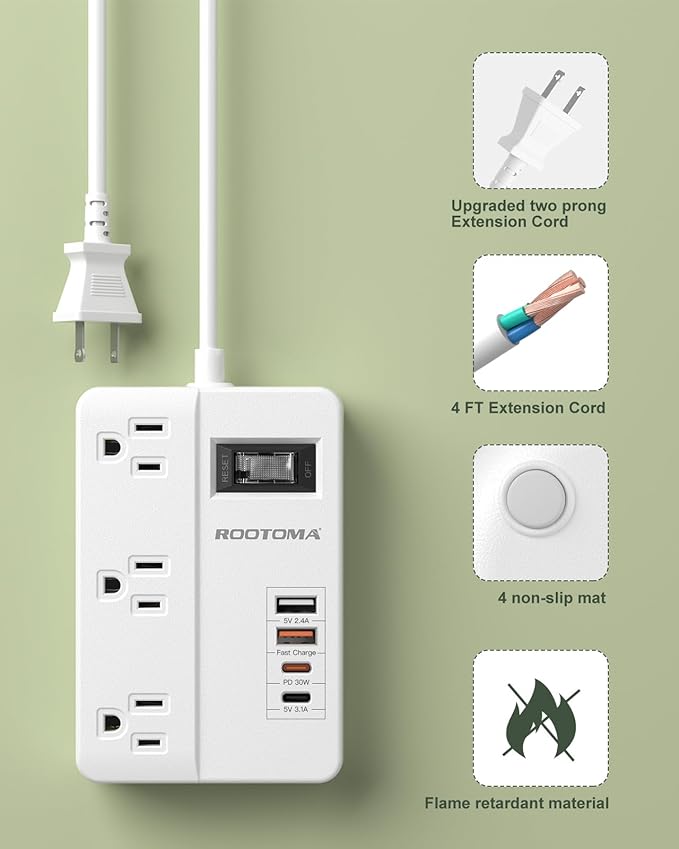 PD 30W 2 Prong Power Strip with USB-C, ROOTOMA 2 Prong to 3 Prong Outlet Adapter with Switch on Off, 3 Outlet & 4 USB Ports, 3 Prong Adapter 4ft, for Polarized Three Prong Adapter Plug, White