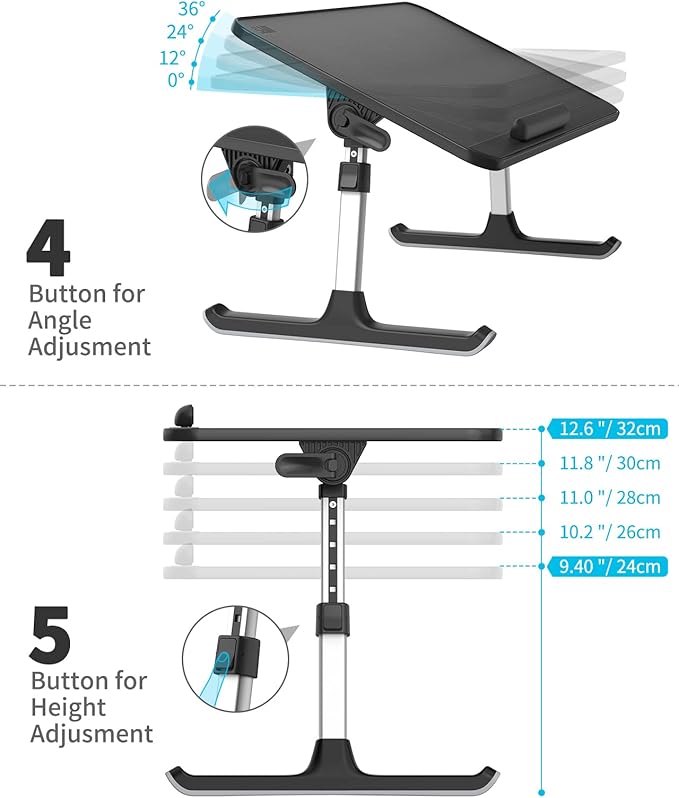 SAIJI Leather Laptop Bed Tray Table, Adjustable Laptop Stand with Removable Stopper, Portable Lap Desks with Foldable Legs, Notebook Stand Breakfast Reading Desk for Sofa Couch((Medium, Black)