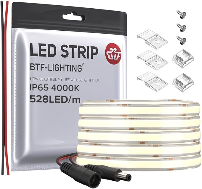 BTF-LIGHTING FCOB COB LED Strip IP65 Flexible High Density Uniform Light 14W/m 16.4FT DC24V Natural White 4000K 528LED/m CRI 90+ 10mm Width Dimmable LED Ribbon for Decor(No Adapter or Controller)