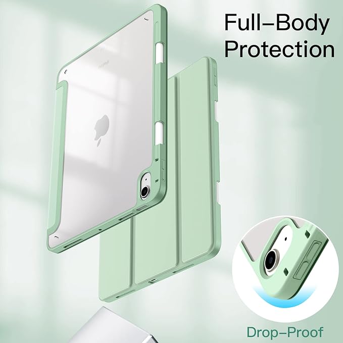 JETech Case ONLY for iPad Air 11-Inch M4/M3/M2 (2026/2025/2024), iPad Air 5/4 (2022/2020 5th/4th) with Pencil Holder, Clear Transparent Back Slim Stand Shockproof Tablet Cover (Green)