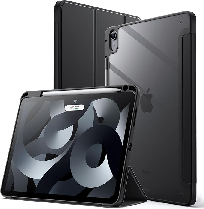 JETech Case ONLY for iPad Air 11-Inch M4/M3/M2 (2026/2025/2024), iPad Air 5/4 (2022/2020 5th/4th) with Pencil Holder, Clear Transparent Back Slim Stand Shockproof Tablet Cover (Black)