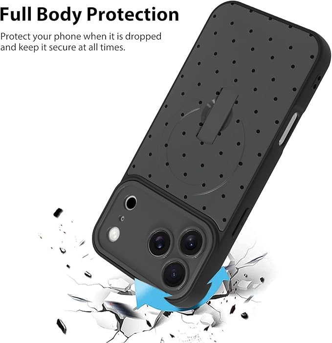 KANGHAR Compatible with iPhone 17 Pro Case, Support for MagSafe, Silicone Spot Cute Pattern, Wristband Kickstand Camera Protection Shockproof Soft Slim Cover for Girls Women, Black
