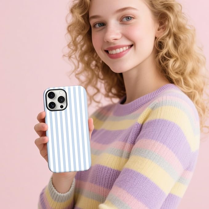 Magnetic for iPhone 16 Case Cute Stripes Phone Case, Shockproof Slim TPU and Hard PC Protective Phone Cover Compatible with MagSafe Designed for Women Girls, Blue and White