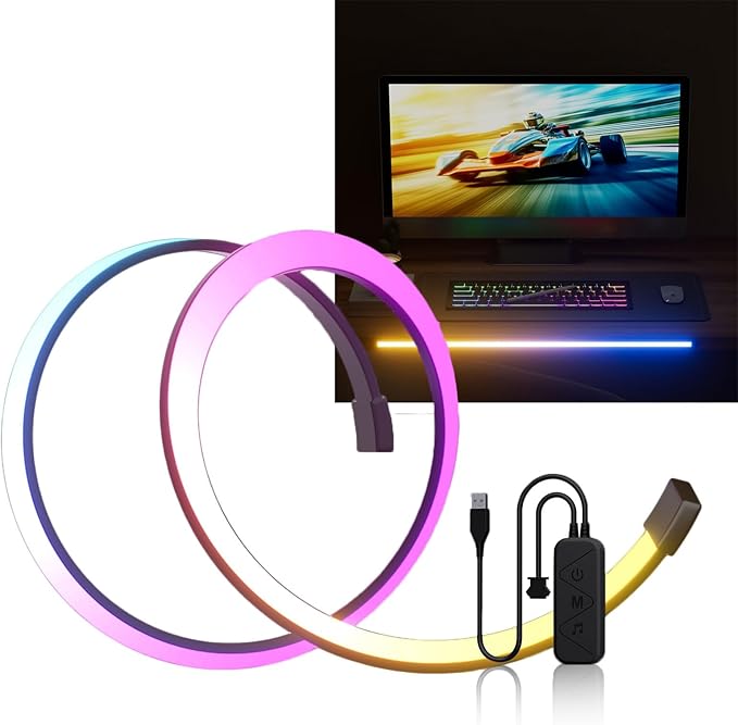 RGB Monitor Down Light Striping for PC - Dimmable Dynamic Rainbow, Adjustable Brightness/Speed, Music Sync & Screen Color Sync, for 27-34inch Computer Monitor, Game Room