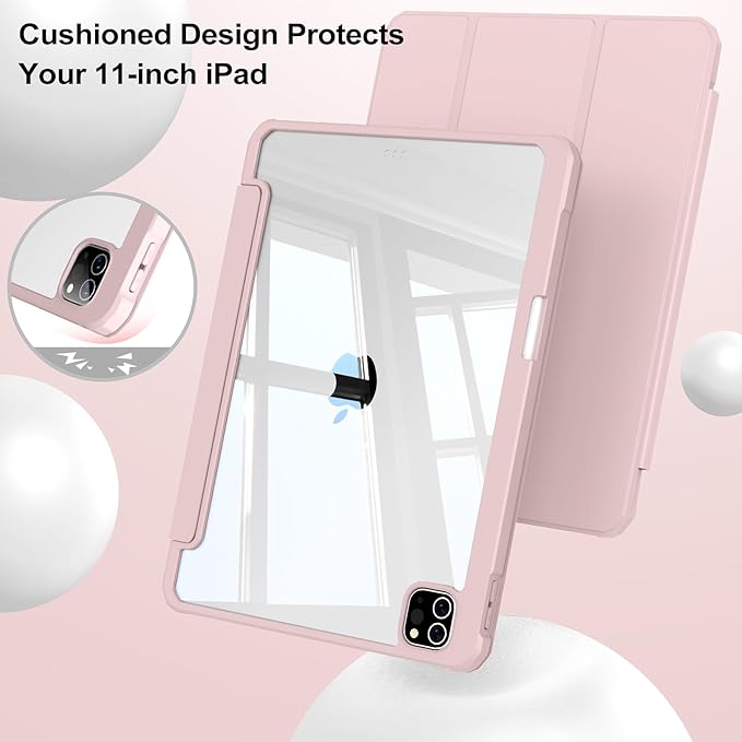 JKSML Case for iPad Pro 11, Case with Pencil Holder for iPad Pro 11 Inch 4th/3rd/2nd Generation 2022/2021/2020, Transparent Protective Cover for iPad Pro 11, Supports Pencil 2 Charging, Pink