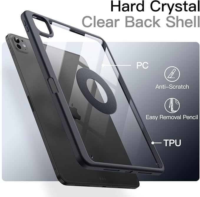JETech Magnetic Detachable Case for iPad Pro 11-Inch M5/M4 (2025/2024) with Pencil Holder, Removable Rotating Clear Cover, Portrait/Landscape Stand with Raised Screen View (Grey)
