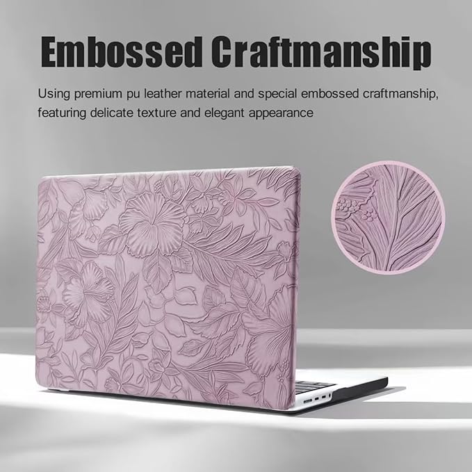 DTangLsm for MacBook Air 15 inch Case 2026 2025 2024 2023 M5 M4 M3 M2 A3448 A3241 A3114 A2941, Elegant Textured Retro Leather Hard Cover for M5 MacBook Air 15 Case+Keyboard Skin, Lilac Embossed Floral