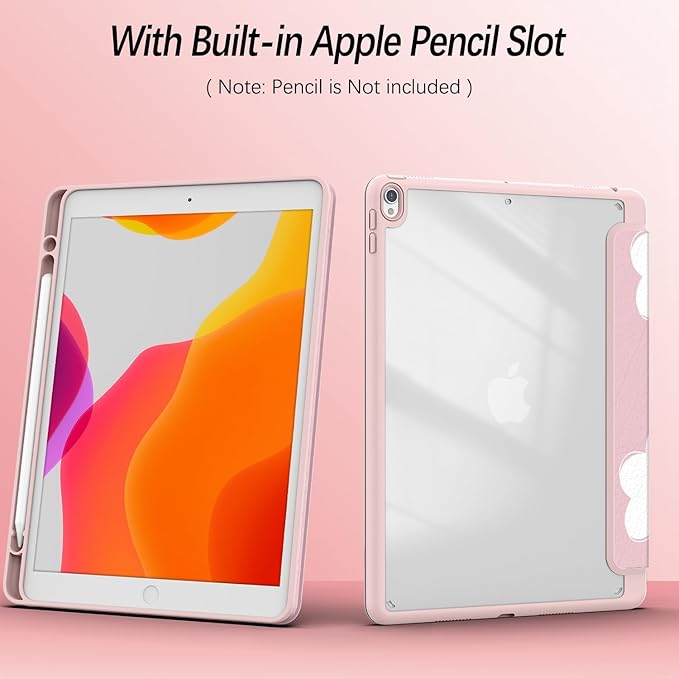 Case for iPad pro 10.5 inch 2017/ iPad Air 3rd Generation 2019, Case with Pencil Holder, Stand Clear Back Cover Cute Cool Design for Women Girls, Auto Sleep/Wake, Pink White Flower