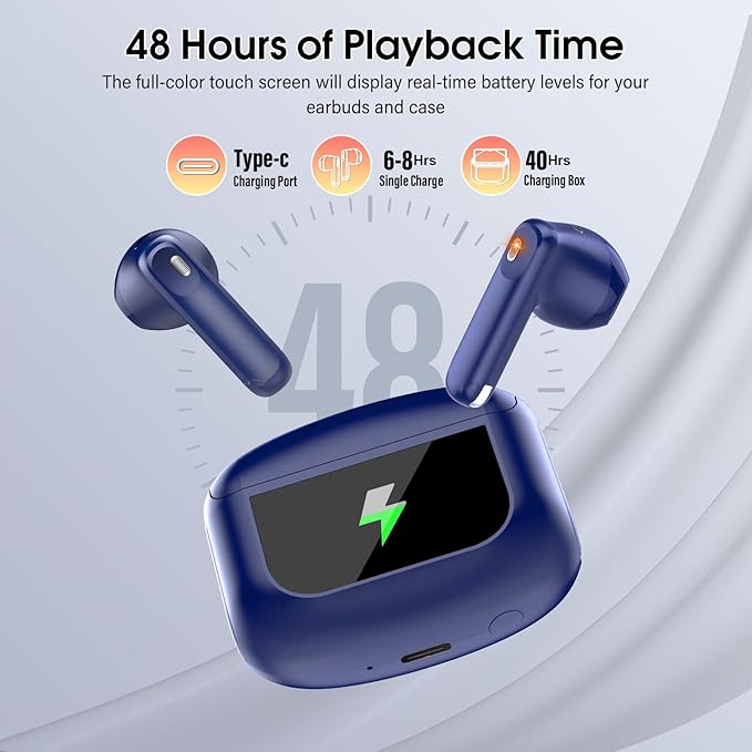 Wireless Earbuds, Bluetooth 5.4 Headphones with Multifunctional Touch Screen, 48H Hi-Fi Stereo Ear Buds with ENC Noise Cancelling Mic/5 EQ Modes Earbuds, IPX7 Earphones for iOS Android Dark Blue