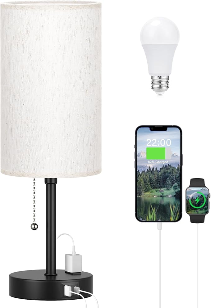 PartageiZ Pull Chain Table Lamp for Bedroom - 3 Color Temperatures, USB A + C Charging, AC Outlet, 17.4 inch Tall Bedside Lamp with E26 LED Bulb