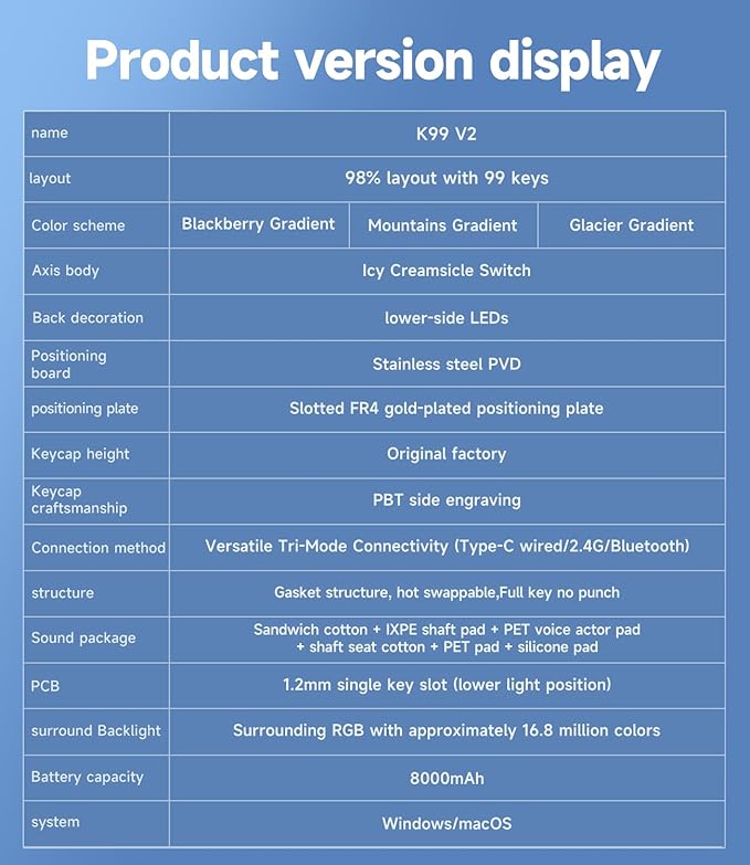 MCHOSE K99 98% Wireless Mechanical Keyboard, Tri-Mode Connection, Compact Gaming Keyboard with Six-Layer Padding Gasket, RGB Backlit,Hot Swappable Custom Keyboard for Mac/PC