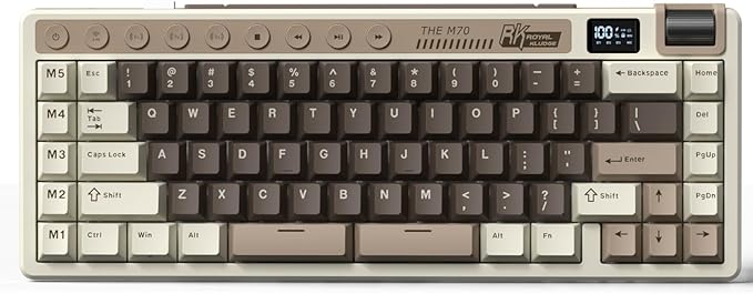 RK ROYAL KLUDGE M70 Wireless Mechanical Keyboard with Macro Keys 2.4GHz/Bluetooth/Wired 75% Gaming Keyboard with 6000mAh Battery Gasket-Mount Display & Knob RGB Hot-Swappable Linear Cream Switch