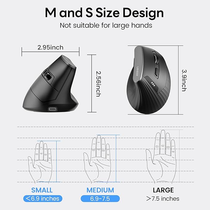 Uineer Vertical Ergonomic Mouse – Tri-Mode Wireless Bluetooth 5.0/4.0 & 2.4GHz USB Receiver, Battery-Powered, Connects to 3 Devices, 4 DPI Optical Mice for PC, Laptop, Compatible with Windows, Mac