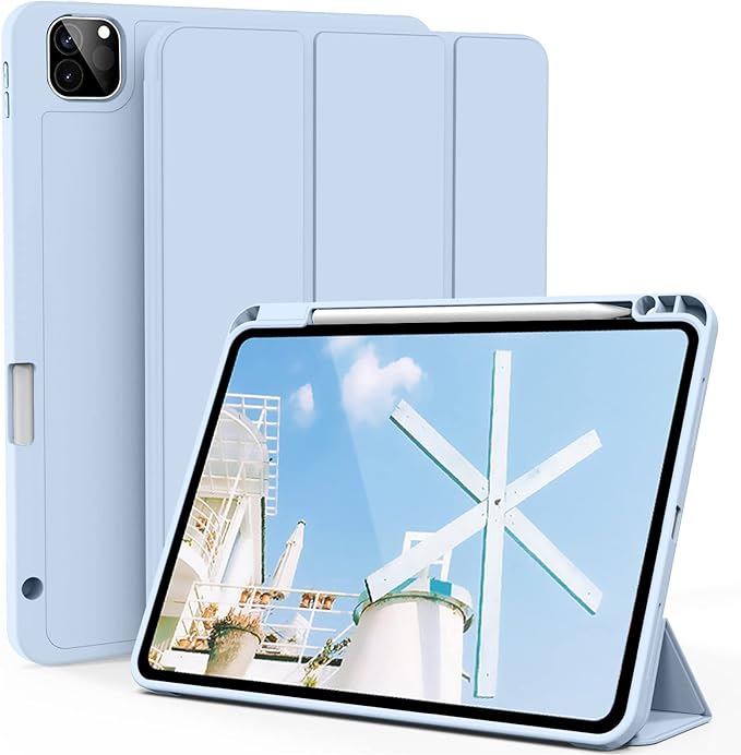 kenke Case for iPad Pro 11 Inch 4th/3rd/2nd Generation (2022/2021/2020) with Pencil Holder, Slim Trifold Smart Cover with Soft TPU Back, Support 2nd Gen Pencil Charging, Auto Sleep/Wake, Light Blue