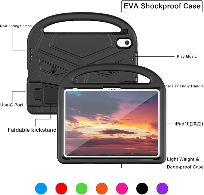 Dteck for iPad 10th Generation Case Kids 10.9 Inch 2022, Durable Lightweight Shockproof Protective Handle Stand EVA Foam Boys Girls Kids Proof Case for iPad 10th Generation 10.9 Inch 2022,Black