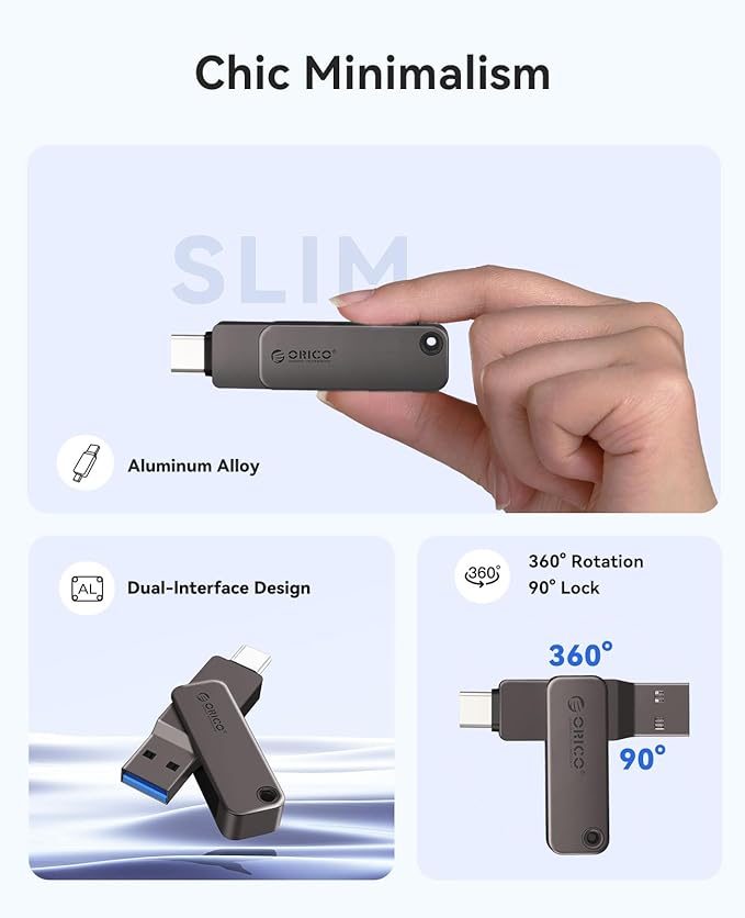 ORICO 32GB Dual USB-C USB-A Flash Drive 150MB/s High Speed USB 3.0 Memory Stick, Zinc Alloy Rotating Design, Compatible with iPhone 15/16/17, Android, Mac, PC, Car Audio – Plug & Play