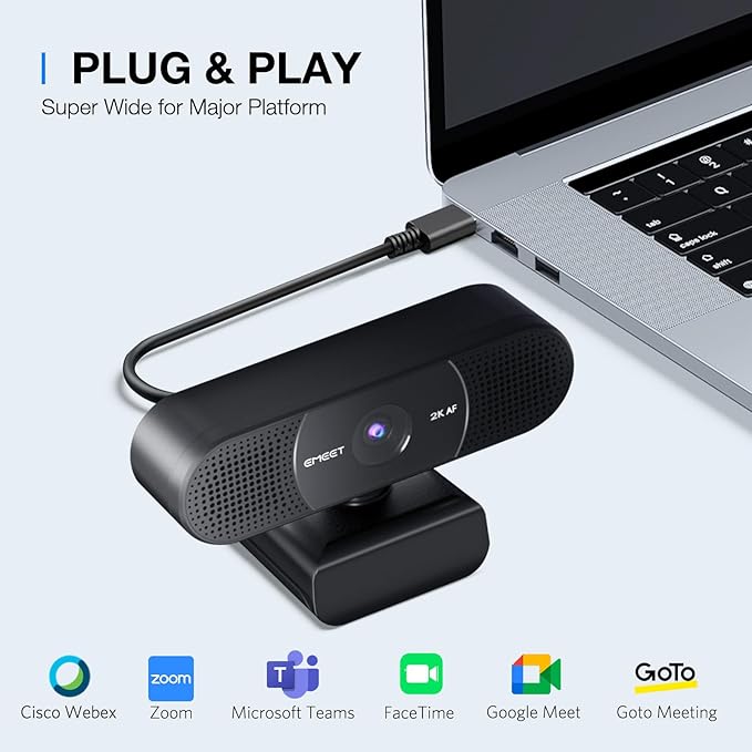 EMEET C960 2K Webcam with Microphone, 2K QHD, 2 Omnidirectional Mics, PDAF Autofocus Streaming Camera with Privacy Cover, Plug&Play USB Webcam for Calls/Conference, Zoom/Skype/YouTube, Laptop/Desktop
