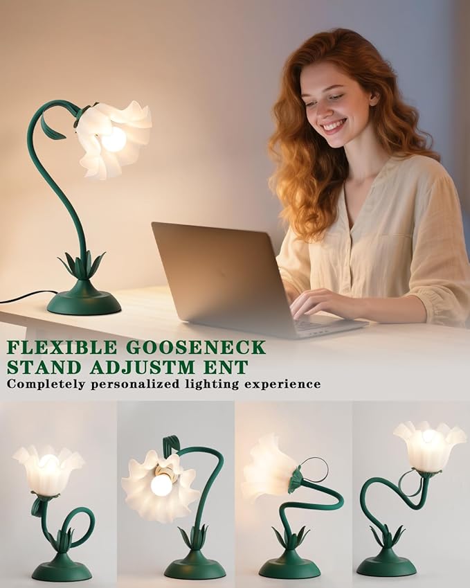 WERFOP Flower Table Lamp, Cute LED Reading Bedside Night Light, 3 Color Modes Vintage Desk Lamp, Kawaii Aesthetic Decor for Dorm Bedroom Living Room (Dark Green)