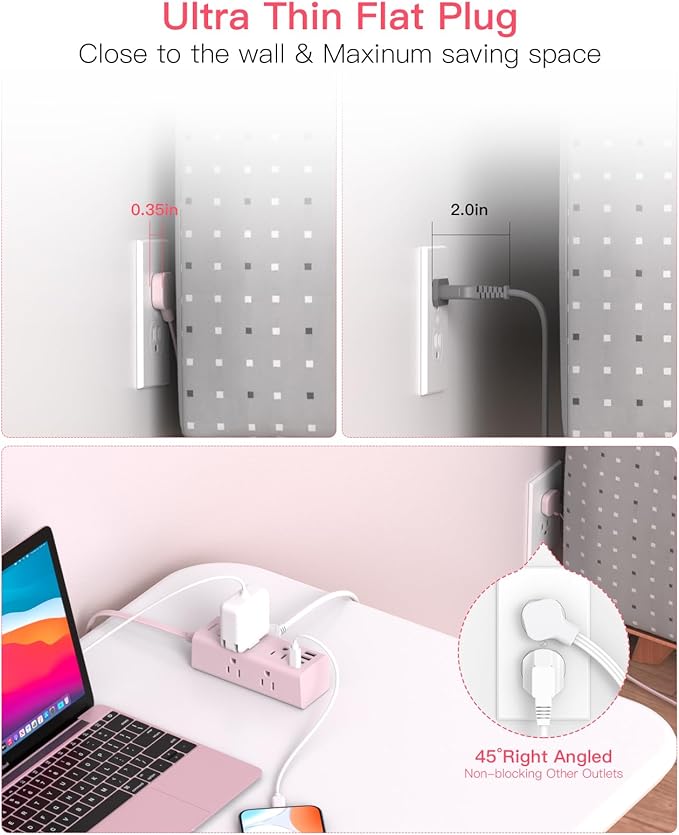 10Ft Extension Cord with Multiple Outlets,Flat Plug Power Strip Surge Protector with 10 Ft Long Cord,6 Outlet 4 USB Ports (2USB C),Multi Outlet Wall Plug for College,Dorm Essentials(Pink)