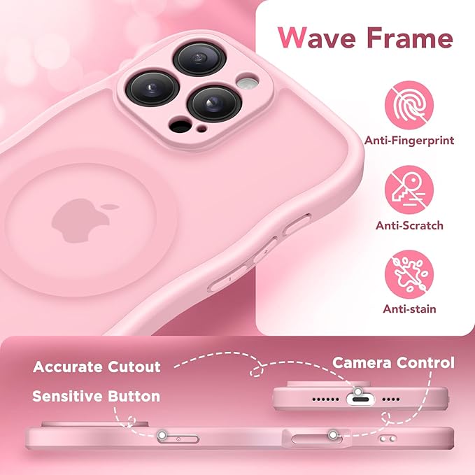 CAPRARO for iPhone 16 Pro Case for Women Girls, Upgraded [Full Camera Protection] [Compatible with MagSafe] Cute Wave Translucent Matte Phone Case for iPhone 16 Pro, Peach Pink