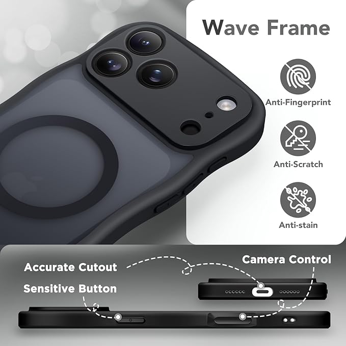 CAPRARO Magnetic for iPhone 17 Pro Case for Women Girls, Upgraded [Full Camera Protection] [Compatible with MagSafe] Cute Wave Translucent Matte Phone Case for iPhone 17 Pro, Black